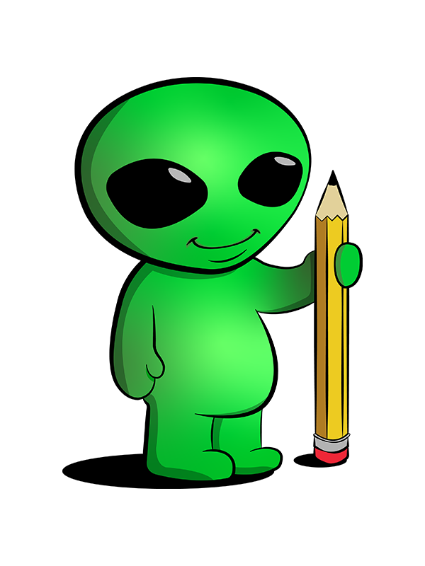 An alien holding a pencil.