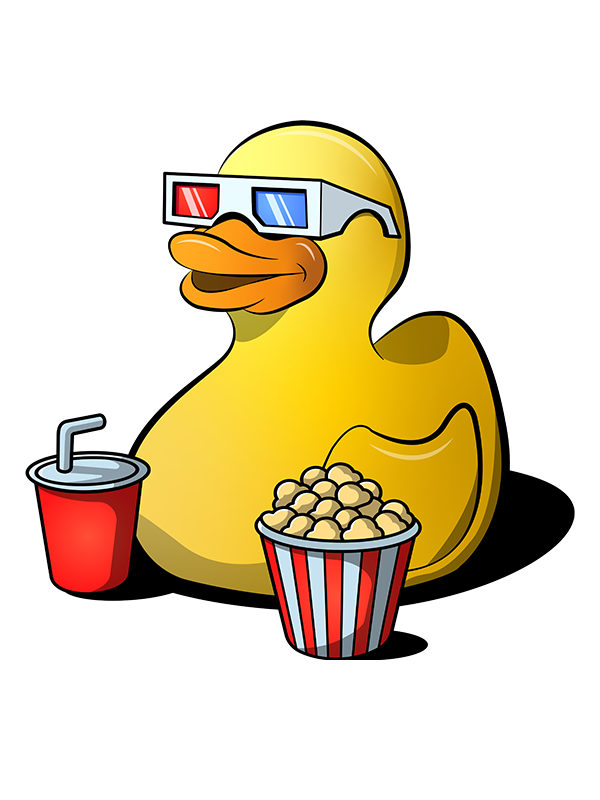 A duck with popcorn and soda wearing 3D glasses.