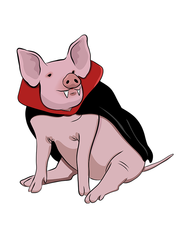 A pig dressed like a vampire.