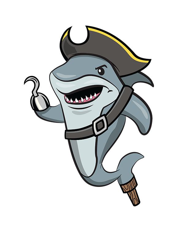 A shark dressed like a pirate.